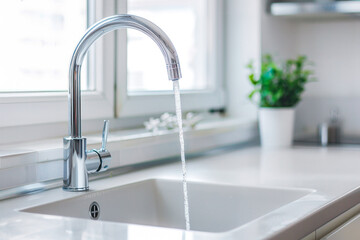 Modern white kitchen sink with clean chrome faucet with water flows