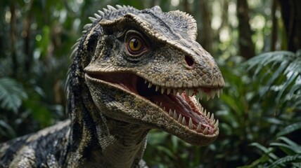 A velociraptor in a dense jungle, focusing on sharp teeth and piercing eyes, capturing the essence of this ancient predator
