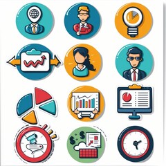 Business finance marketing cartoon sticker, playful illustrations on white background, isolated and cut out, offering whimsical depictions of financial concepts for engaging marketing materials.