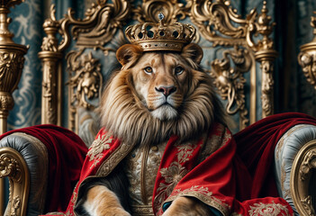 lion sits on the royal throne in a red cloak with a crown on his head