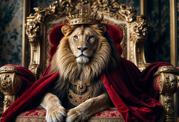 lion sits on the royal throne in a red cloak with a crown on his head © Ruslan