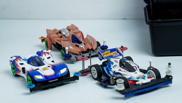 South Kalimantan, Indonesia - 02 11 2024 : Mini 4WD Tamiya, Toy car and equipment box for playing mini 4WD