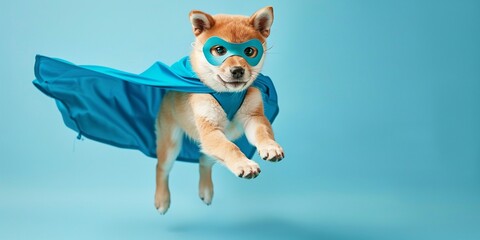 superhero dog, Cute shiba inu puppy with a blue cloak and mask jumping and flying on light blue background with copy space. The concept of a superhero, super dog, leader, funny animal studio shot.