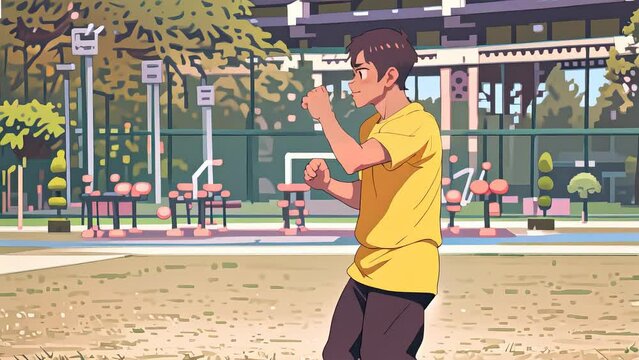 Young man shadow boxing outdoors Anime