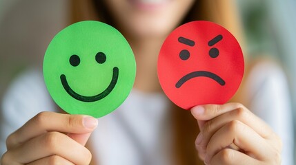 Customer giving rating and review with happy or sad face icons by choosing green happy face. Customer satisfaction, evaluation, service quality online rating concept.