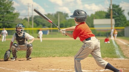 A young baseball player in a red uniform takes a swing during a little league game on a sunny day, capturing the spirit of youth sports, competition, and outdoor activity