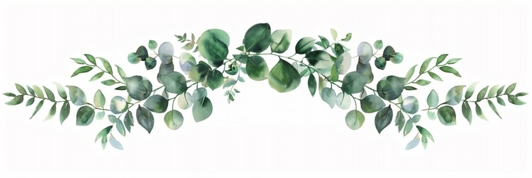 Watercolor decorative floral element of graceful green eucalyptus leaves and branches border or frame, for wedding, greeting card, celebration border banner design.	