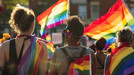 Pride people crowd with rainbows flags and signs in the annual Pride Parade as it passes through city street.