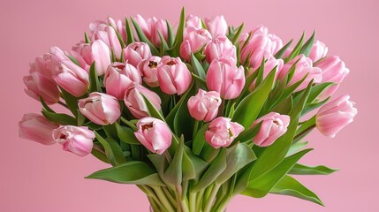 Fototapeta premium Pink tulip bouquet for special occasions on pink backdrop