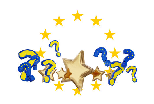 5 five golden stars , EU Europe design as questions or problems, question marks and yellow stars in the color of the flag of Europe, symbol symbolic isolated, webp