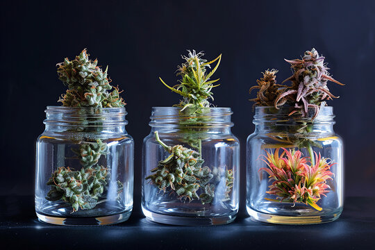 show 3 destinctive hemp flowers, one representing thca, the second representing cbd, and last one representing infusion
