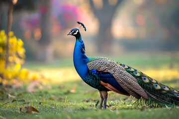 Elegant peacock displaying vibrant plumage Indian garden highlighting splendor of nature and wildlife © Premium Graphics
