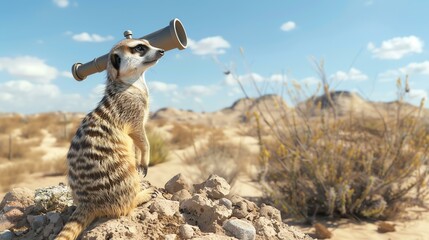 A meerkat stands on a rock in the desert, looking through a telescope.