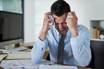 Business, man and screaming with rage in office, crumple paperwork for report mistake on document....