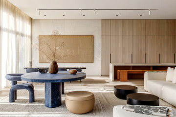 Minimalist, japandi interior design of modern living or dining room.