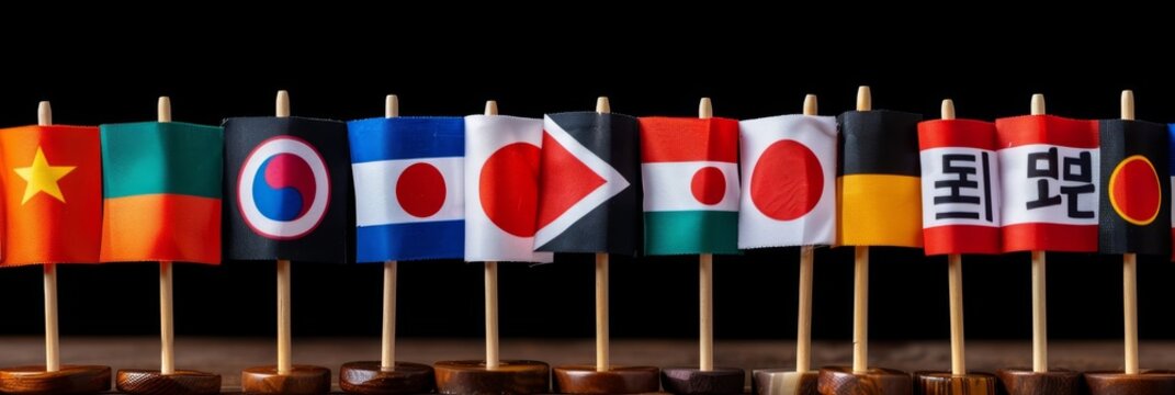 International business symbolism  array of various country flags displayed in a row