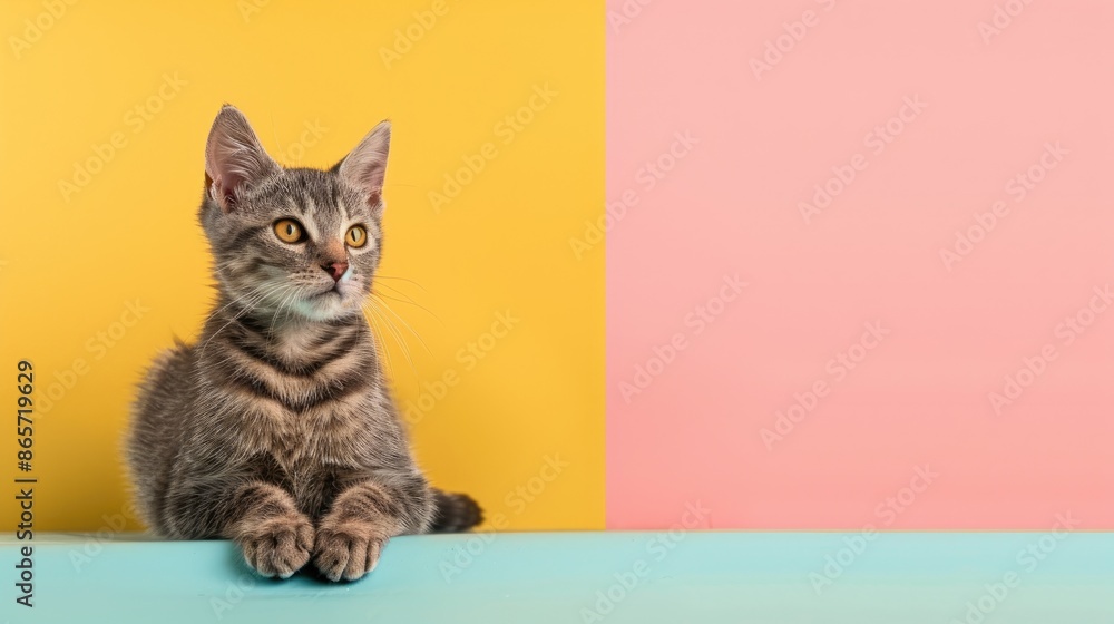 Poster gray cat on colored background with copy space long web banner