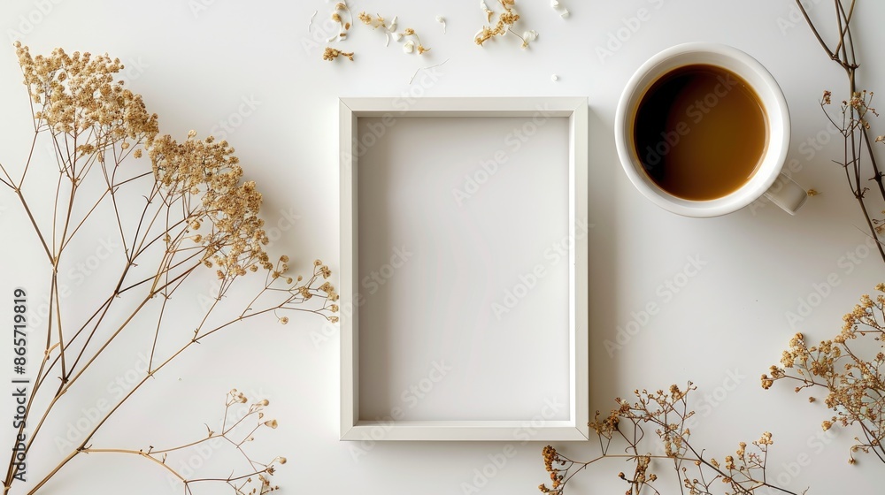 Poster mockup of photo frame with dried flowers and coffee on white background flat lay template with space