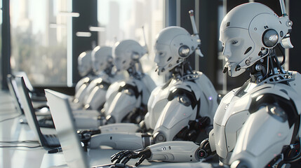 Fototapeta premium Humanoid robots using a computer keyboard. Call center with same robot assistants.