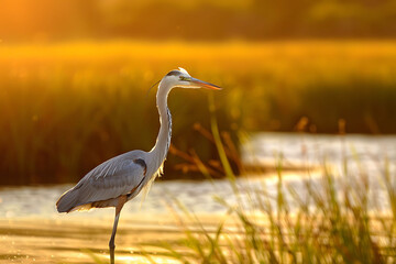 Naklejka premium blue heron fishing a marsh at sunset showcasing the tranquility of nature and wildlife
