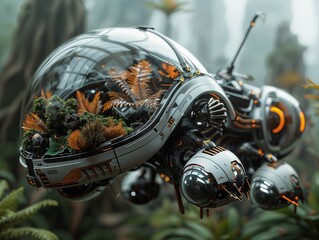 Futuristic Drone with Botanical Terrarium in Lush Forest Setting
