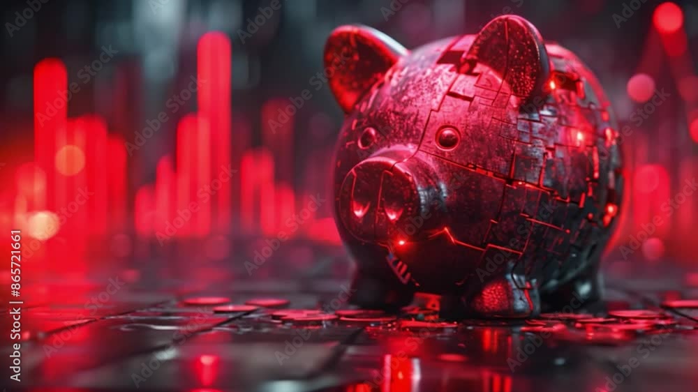 Poster this rusty piggy bank sits on coins with a blurred red chart in the background.