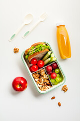 Vibrant lunchbox featuring fresh fruits, walnuts, and a wholesome sandwich. Perfect for nutrition-conscious lifestyles.