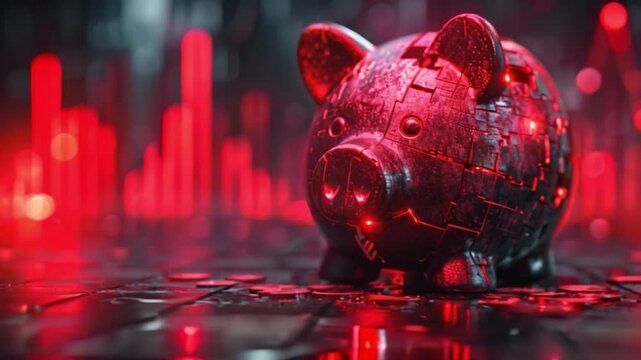 This rusty piggy bank sits on coins with a blurred red chart in the background.