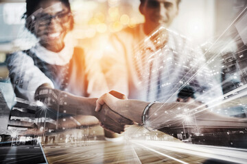 Handshake, partnership and business people with city double exposure for b2b agreement deal. Smile, welcome and financial advisors shaking hands with client for greeting, thank you or investment.