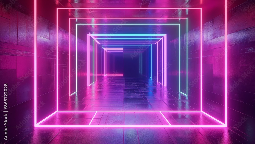 Poster 3d rendering of an abstract hallway with glowing neon square frames and reflective surfaces.