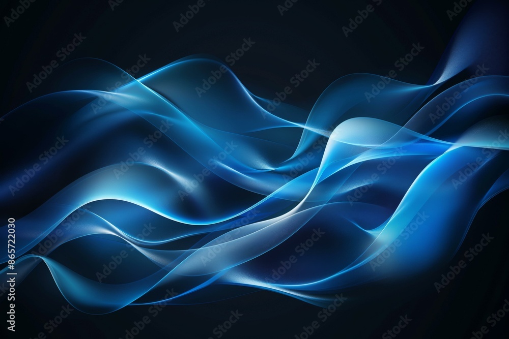 Poster a sleek, abstract design featuring dynamic blue waves on a dark background, creating a sense of moti