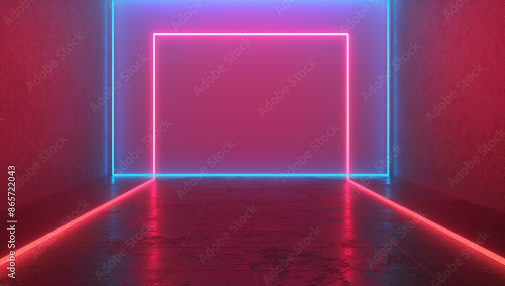 Poster a sleek, abstract design featuring a glowing neon square in a vibrant room. the vivid colors and ref