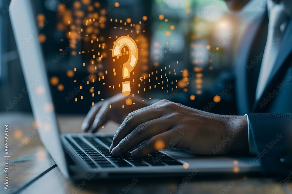 Poster a business professional typing on a laptop with a floating exclamation mark hologram symbolizing imp