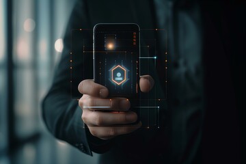 A businessman holding a smartphone with a holographic interface.
