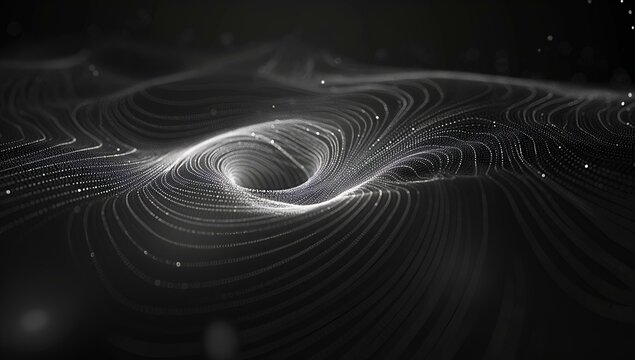 A digital visualization of a black hole with its event horizon, represented through an abstract wireframe design.