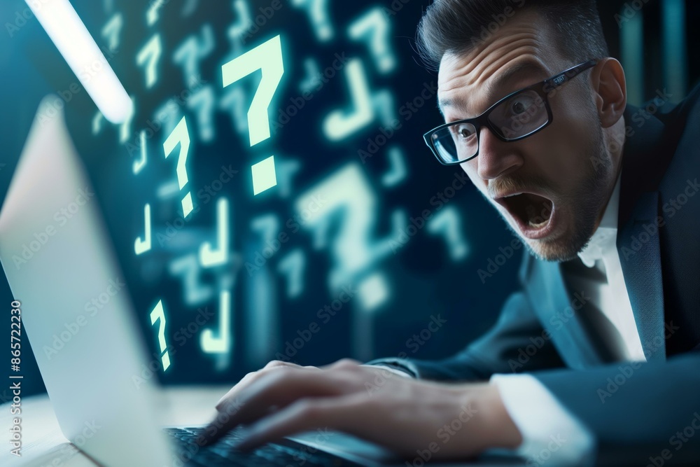Poster shocked business professional using a laptop with floating question marks in the background demonstr