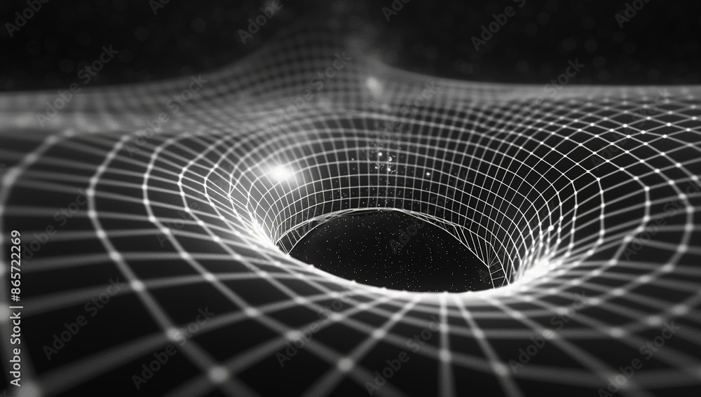 Poster a wireframe representation of a black hole with its event horizon and spatial distortion.