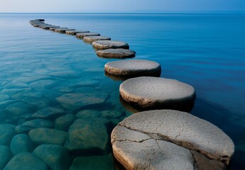 Large round stones forming a path over a calm, clear body of water.