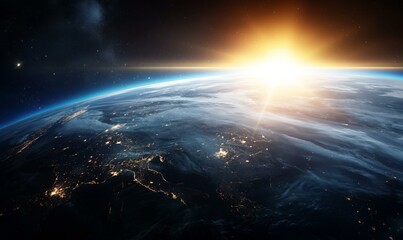 Breathtaking view of Earth from space, showcasing a brilliant sunrise over the horizon, with city lights glowing through atmospheric clouds.