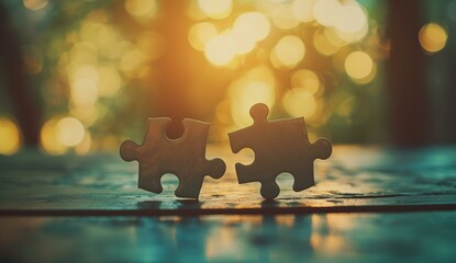 Two puzzle pieces connecting together on a wooden surface with warm bokeh background.