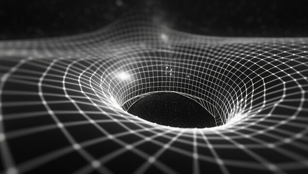 A wireframe representation of a black hole with its event horizon and spatial distortion.