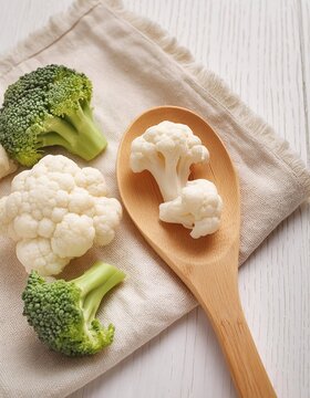 Healthy broccoli vegetables served in tablespoons on a clean and elegant white cloth background.generative ai