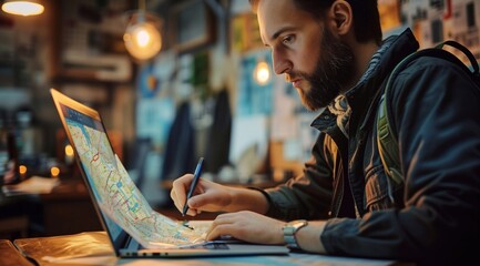a professional cartographer looking at laptop monitor screen, working with printed cadastral map at table on workplace. Young man analyzing cadastral map searching for building plot.