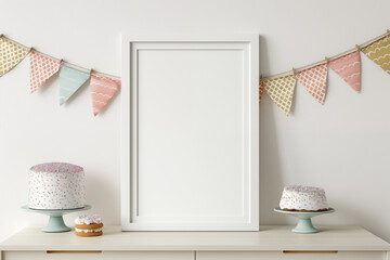 Party Sign Display frames, Frame Mockup at Party,  Empty Frames to insert art or photos, Happy Birthday Cake with display and decor, sweet table with mockup display 