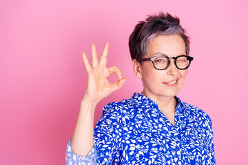 Photo of optimistic person with gray hair dressed blouse in glasses show okey winking eye nice work...