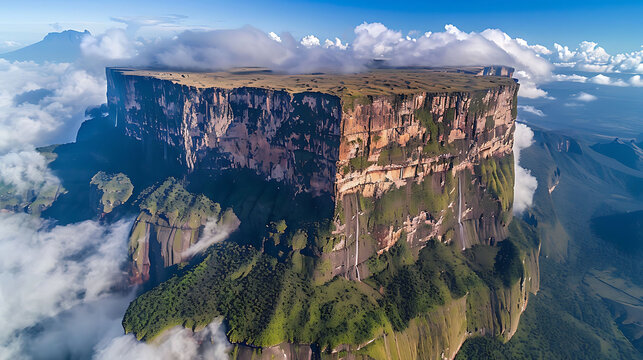 Hidden deep within Amazon Rainforest of Venezuela lie mysterious Mount Roraima massive flattopped mountain surrounded sheer cliff cascading waterfall unique tabletop summit surreal landscape ancient
