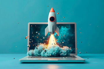  A dynamic illustration of a rocket launching from a laptop screen, symbolizing innovation and digital technology. Ideal for themes of startups, tech advancements, and space exploration. Generative Ai