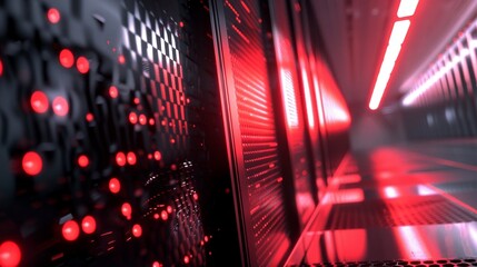 Futuristic Data Center Corridor with Red Lights - Generative AI