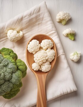Healthy broccoli vegetables served in tablespoons on a clean and elegant white cloth background.generative ai