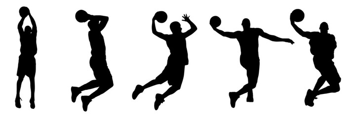 Group Basketball Player Black Silhouette On White Background